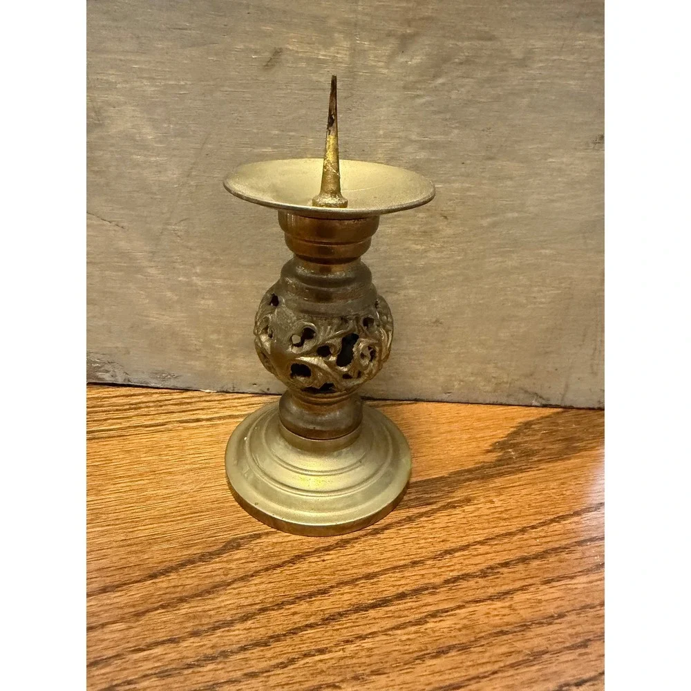 Vintage Brass Pricket Candle Holder Ornate Filigree Spike Pillar Stand 4.75in